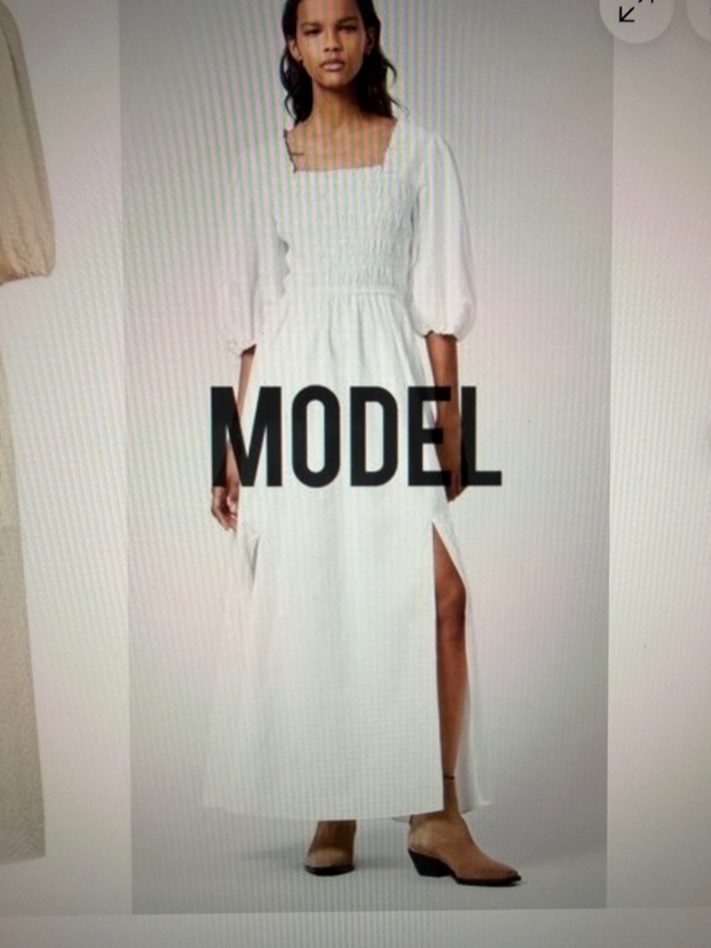 All Saints White Smocked Square Neck Dress with Puff Sleeves